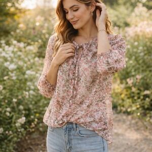 Liz Claiborne Women L Pink Green Abstract Animal Print Smocked Hem Tie Neck Top